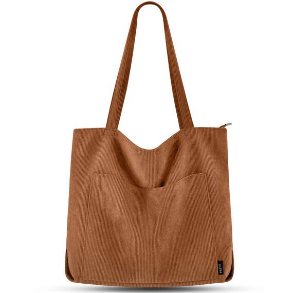 Prite Handtasche Damen Tote Bag Shopper Groß Umhängetasche Cord Beuteltasche Stofftasche für College Schule Arbeit Reisen Einkaufen (Braun)