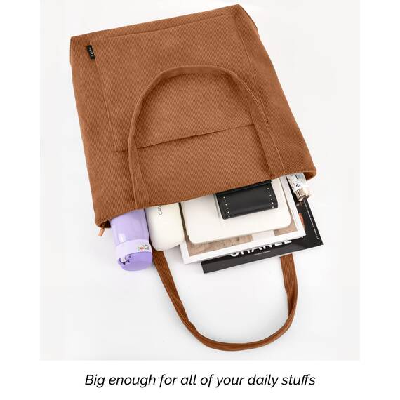Prite Handtasche Damen Tote Bag Shopper Groß Umhängetasche Cord Beuteltasche Stofftasche für College Schule Arbeit Reisen Einkaufen (Braun)
