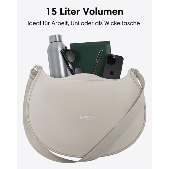 LARKSON Crossbody Bag Damen & Herren Beige - Solveig XL - Große Umhängetasche im Halbmond Style -Tasche mit 16 Zoll Laptopfach - Moon Bag - Wasserabweisend