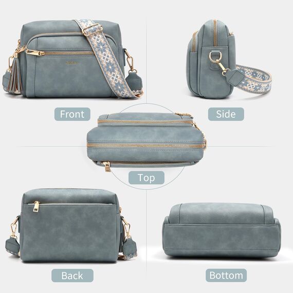 HILAEX Umhängetasche Damen mit Anti Diebstahl, Handtasche Damen Mittelgroß mit 4 Fächern, mit Verstellbar Abnehmbar Breiter Gurt Hellblau