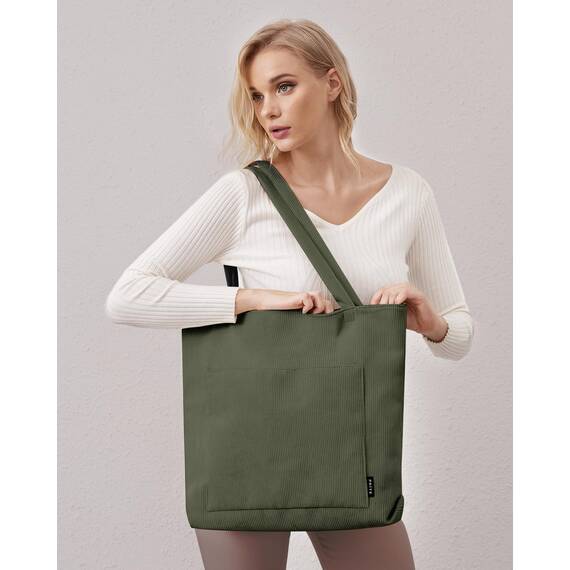 Prite Handtasche Damen Tote Bag Shopper Groß Umhängetasche Cord Beuteltasche Stofftasche für College Schule Arbeit Reisen Einkaufen (Dunkelgrün)