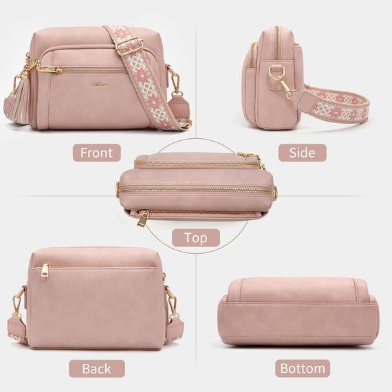 HILAEX Umhängetasche Damen mit Anti Diebstahl, Handtasche Damen Mittelgroß mit 4 Fächern, mit Verstellbar Abnehmbar Breiter Gurt Rosa