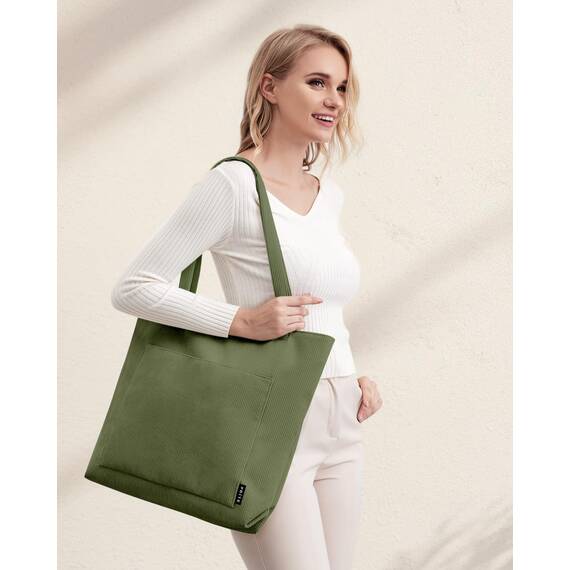 Prite Handtasche Damen Tote Bag Shopper Groß Umhängetasche Cord Beuteltasche Stofftasche für College Schule Arbeit Reisen Einkaufen (Grün)
