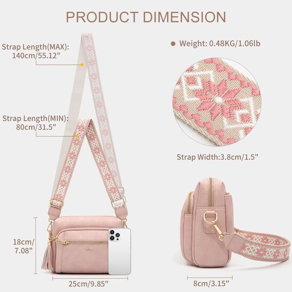 HILAEX Umhängetasche Damen mit Anti Diebstahl, Handtasche Damen Mittelgroß mit 4 Fächern, mit Verstellbar Abnehmbar Breiter Gurt Rosa