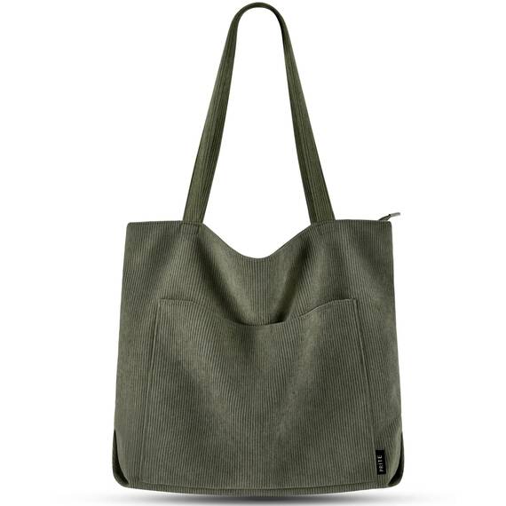 Prite Handtasche Damen Tote Bag Shopper Groß Umhängetasche Cord Beuteltasche Stofftasche für College Schule Arbeit Reisen Einkaufen (Dunkelgrün)