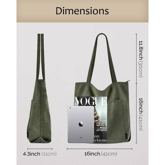 Prite Handtasche Damen Tote Bag Shopper Groß Umhängetasche Cord Beuteltasche Stofftasche für College Schule Arbeit Reisen Einkaufen (Dunkelgrün)