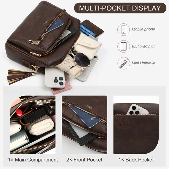 HILAEX Umhängetasche Damen mit Anti Diebstahl, Handtasche Damen Mittelgroß mit Vielen Fächern Verstellbar Abnehmbar Breiter Gurt, 26 x 10 x 20 cm Dunkelbraun