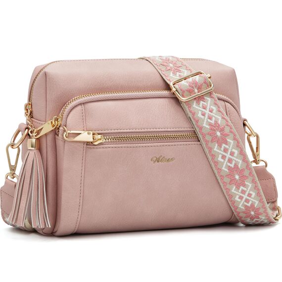 HILAEX Umhängetasche Damen mit Anti Diebstahl, Handtasche Damen Mittelgroß mit 4 Fächern, mit Verstellbar Abnehmbar Breiter Gurt Rosa