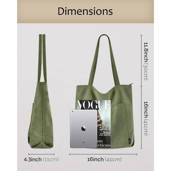Prite Handtasche Damen Tote Bag Shopper Groß Umhängetasche Cord Beuteltasche Stofftasche für College Schule Arbeit Reisen Einkaufen (Grün)