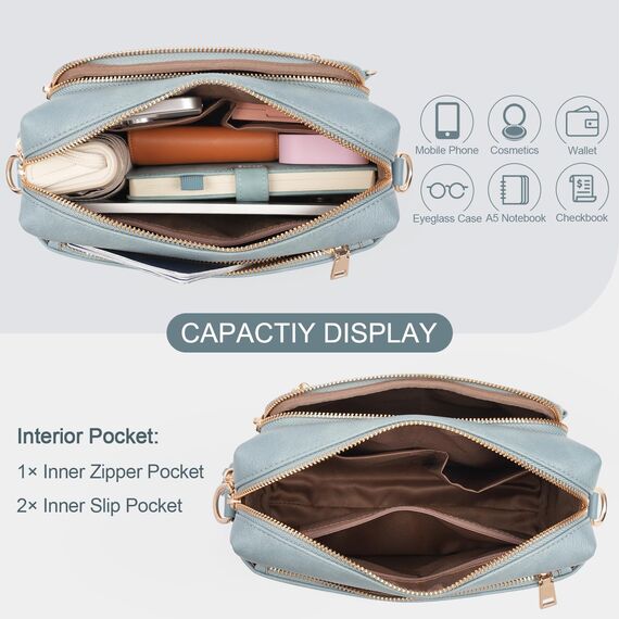 HILAEX Umhängetasche Damen mit Anti Diebstahl, Handtasche Damen Mittelgroß mit 4 Fächern, mit Verstellbar Abnehmbar Breiter Gurt Hellblau