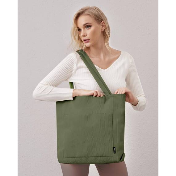 Prite Handtasche Damen Tote Bag Shopper Groß Umhängetasche Cord Beuteltasche Stofftasche für College Schule Arbeit Reisen Einkaufen (Grün)