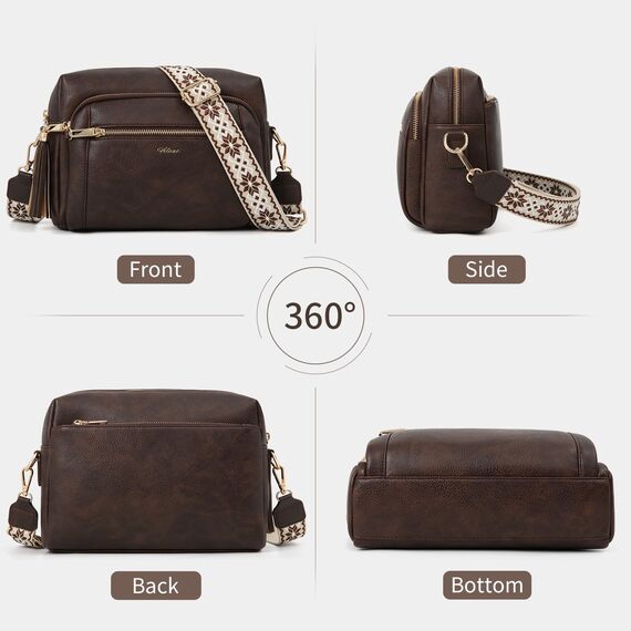 HILAEX Umhängetasche Damen mit Anti Diebstahl, Handtasche Damen Mittelgroß mit Vielen Fächern Verstellbar Abnehmbar Breiter Gurt, 26 x 10 x 20 cm Dunkelbraun