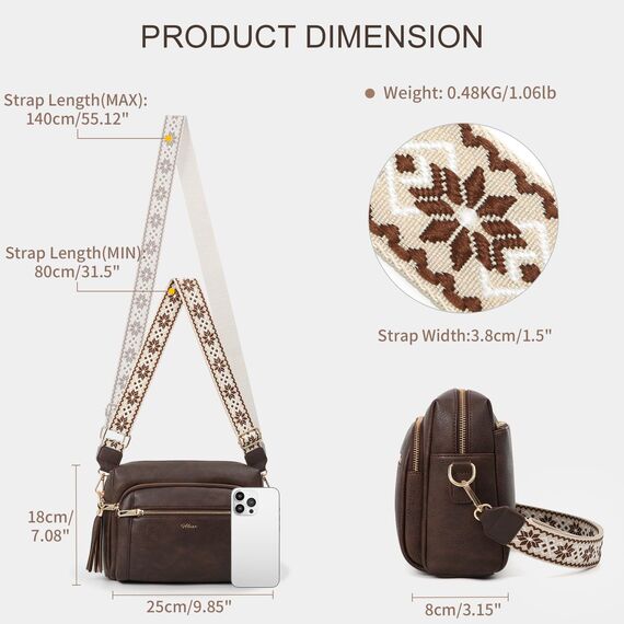 HILAEX Umhängetasche Damen mit Anti Diebstahl, Handtasche Damen Mittelgroß mit Vielen Fächern Verstellbar Abnehmbar Breiter Gurt, 26 x 10 x 20 cm Dunkelbraun