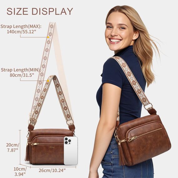 HILAEX Umhängetasche Damen mit Anti Diebstahl, Handtasche Damen Mittelgroß mit Vielen Fächern Verstellbar Abnehmbar Breiter Gurt, 26 x 10 x 20 cm Braun