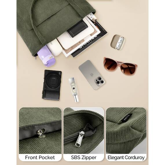 Prite Handtasche Damen Tote Bag Shopper Groß Umhängetasche Cord Beuteltasche Stofftasche für College Schule Arbeit Reisen Einkaufen (Dunkelgrün)