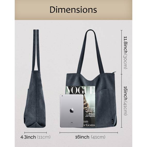 Prite Handtasche Damen Tote Bag Shopper Groß Umhängetasche Cord Beuteltasche Stofftasche für College Schule Arbeit Reisen Einkaufen (Grau)