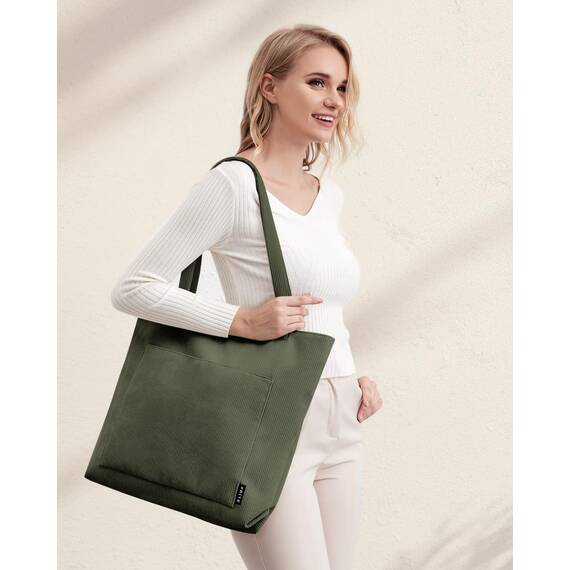 Prite Handtasche Damen Tote Bag Shopper Groß Umhängetasche Cord Beuteltasche Stofftasche für College Schule Arbeit Reisen Einkaufen (Dunkelgrün)