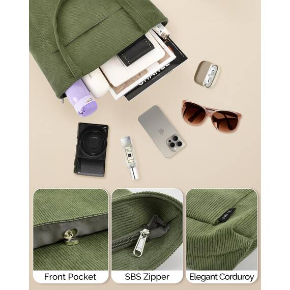 Prite Handtasche Damen Tote Bag Shopper Groß Umhängetasche Cord Beuteltasche Stofftasche für College Schule Arbeit Reisen Einkaufen (Grün)