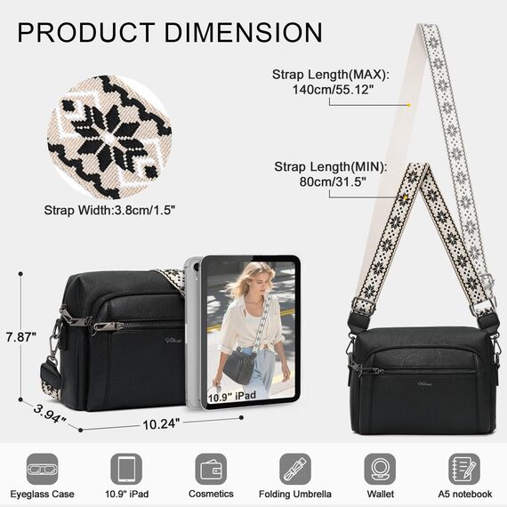 HILAEX Umhängetasche Damen mit Anti Diebstahl, Handtasche Damen Mittelgroß mit Vielen Fächern Verstellbar Abnehmbar Breiter Gurt, 26 x 10 x 20 cm Schwarz