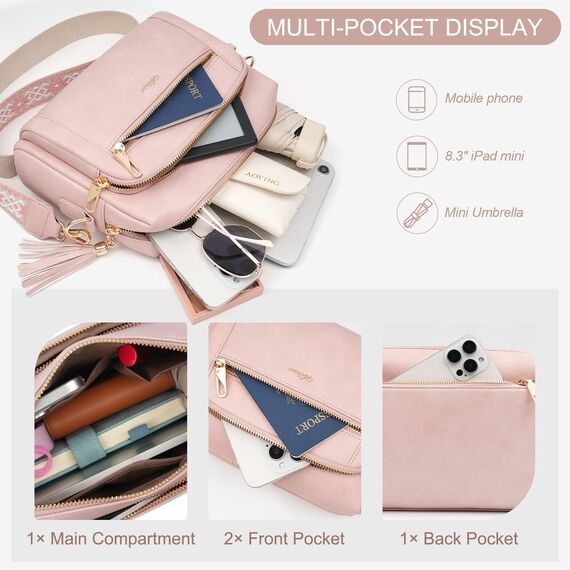 HILAEX Umhängetasche Damen mit Anti Diebstahl, Handtasche Damen Mittelgroß mit 4 Fächern, mit Verstellbar Abnehmbar Breiter Gurt Rosa