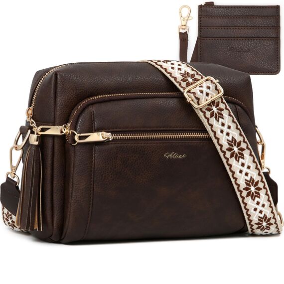 HILAEX Umhängetasche Damen mit Anti Diebstahl, Handtasche Damen Mittelgroß mit Vielen Fächern Verstellbar Abnehmbar Breiter Gurt, 26 x 10 x 20 cm Dunkelbraun