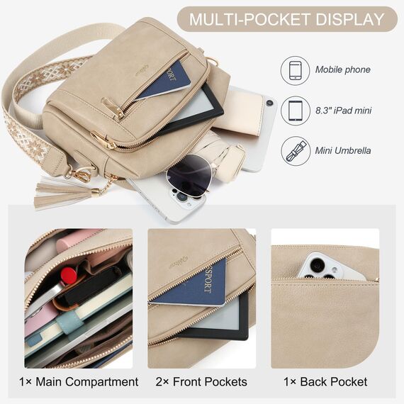 HILAEX Umhängetasche Damen mit Anti Diebstahl, Handtasche Damen Mittelgroß mit 4 Fächern, mit Verstellbar Abnehmbar Breiter Gurt