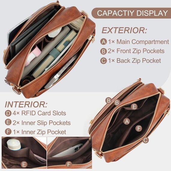 HILAEX Umhängetasche Damen mit Anti Diebstahl, Handtasche Damen Mittelgroß mit Vielen Fächern Verstellbar Abnehmbar Breiter Gurt, 26 x 10 x 20 cm Braun