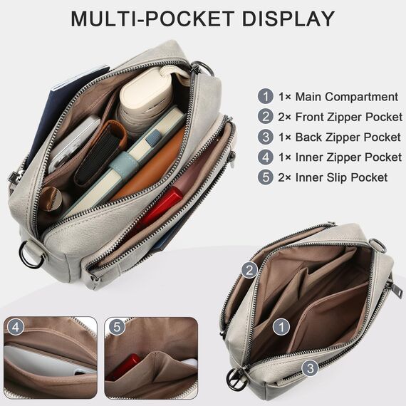 HILAEX Umhängetasche Damen mit Anti Diebstahl, Handtasche Damen Mittelgroß mit 4 Fächern, mit Verstellbar Abnehmbar Breiter Gurt