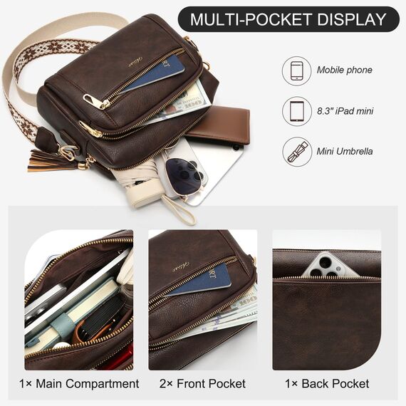 HILAEX Umhängetasche Damen mit Anti Diebstahl, Handtasche Damen Mittelgroß mit 4 Fächern, mit Verstellbar Abnehmbar Breiter Gurt