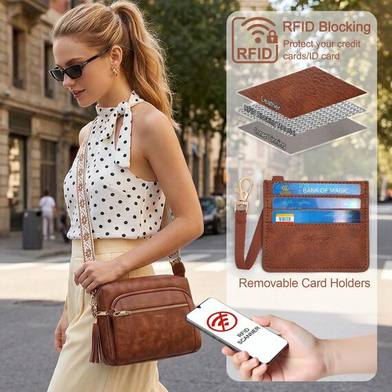 HILAEX Umhängetasche Damen mit Anti Diebstahl, Handtasche Damen Mittelgroß mit Vielen Fächern Verstellbar Abnehmbar Breiter Gurt, 26 x 10 x 20 cm Braun