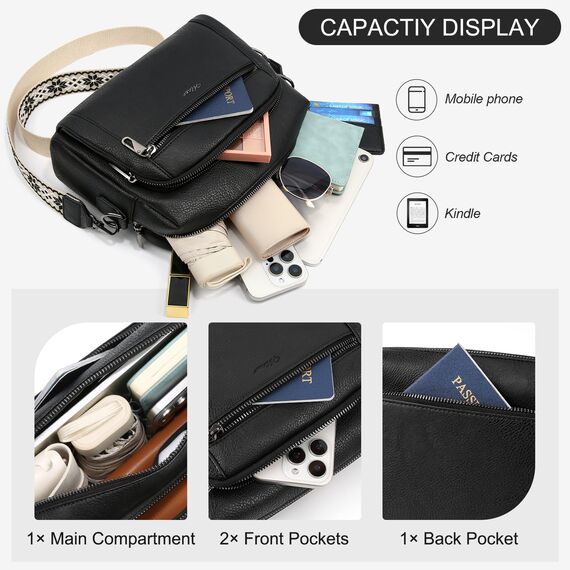 HILAEX Umhängetasche Damen mit Anti Diebstahl, Handtasche Damen Mittelgroß mit Vielen Fächern Verstellbar Abnehmbar Breiter Gurt, 26 x 10 x 20 cm Schwarz