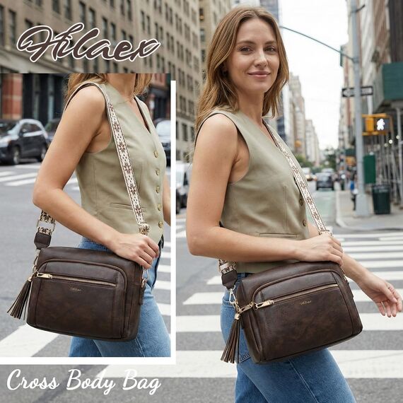 HILAEX Umhängetasche Damen mit Anti Diebstahl, Handtasche Damen Mittelgroß mit Vielen Fächern Verstellbar Abnehmbar Breiter Gurt, 26 x 10 x 20 cm Dunkelbraun
