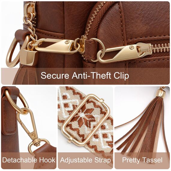 HILAEX Umhängetasche Damen mit Anti Diebstahl, Handtasche Damen Mittelgroß mit Vielen Fächern Verstellbar Abnehmbar Breiter Gurt, 26 x 10 x 20 cm Braun