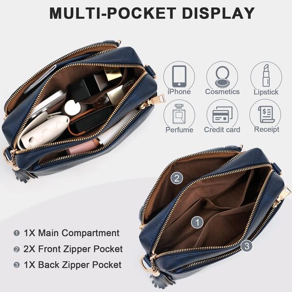 HILAEX Umhängetasche Damen mit Anti Diebstahl, Handtasche Damen Mittelgroß mit 4 Fächern, mit Verstellbar Abnehmbar Breiter Gurt Blau