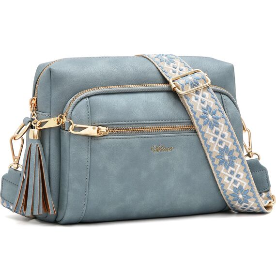 HILAEX Umhängetasche Damen mit Anti Diebstahl, Handtasche Damen Mittelgroß mit 4 Fächern, mit Verstellbar Abnehmbar Breiter Gurt Hellblau