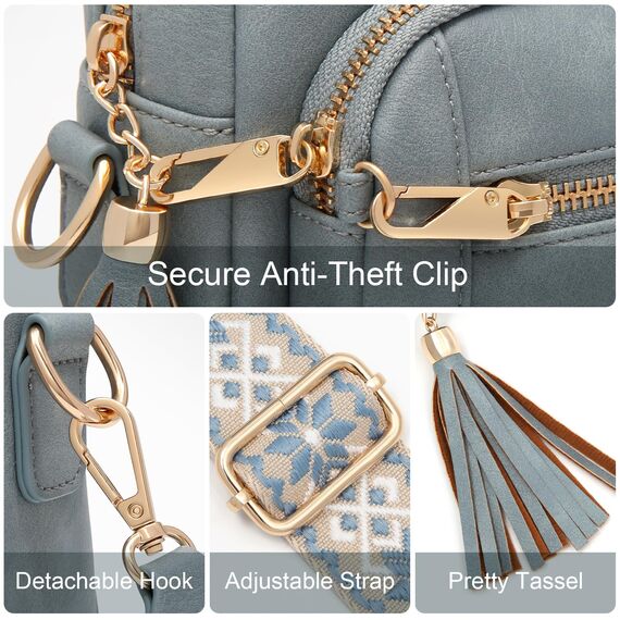 HILAEX Umhängetasche Damen mit Anti Diebstahl, Handtasche Damen Mittelgroß mit 4 Fächern, mit Verstellbar Abnehmbar Breiter Gurt Hellblau