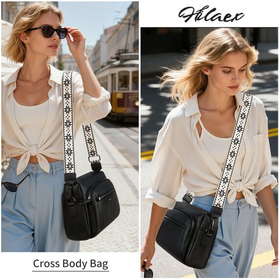 HILAEX Umhängetasche Damen mit Anti Diebstahl, Handtasche Damen Mittelgroß mit Vielen Fächern Verstellbar Abnehmbar Breiter Gurt, 26 x 10 x 20 cm Schwarz