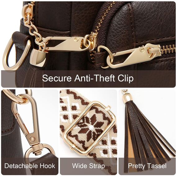 HILAEX Umhängetasche Damen mit Anti Diebstahl, Handtasche Damen Mittelgroß mit Vielen Fächern Verstellbar Abnehmbar Breiter Gurt, 26 x 10 x 20 cm Dunkelbraun