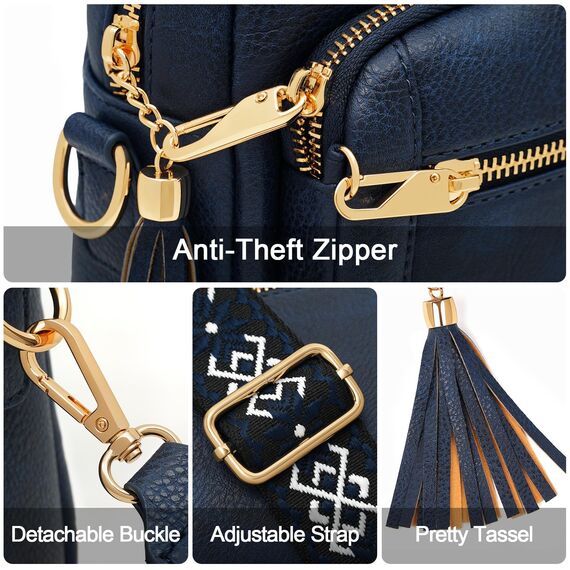 HILAEX Umhängetasche Damen mit Anti Diebstahl, Handtasche Damen Mittelgroß mit 4 Fächern, mit Verstellbar Abnehmbar Breiter Gurt Blau