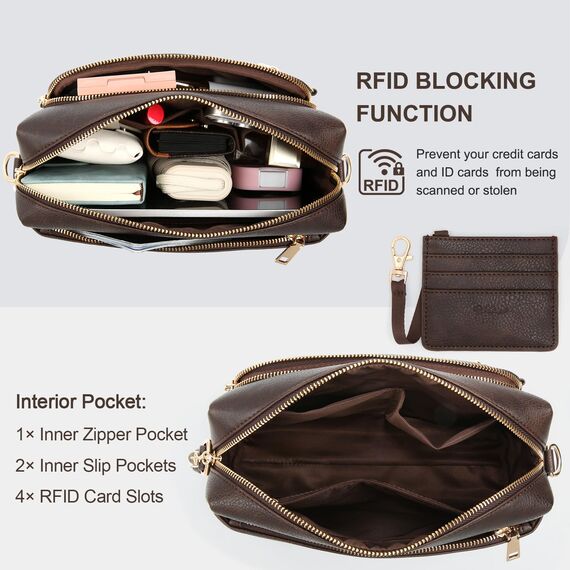 HILAEX Umhängetasche Damen mit Anti Diebstahl, Handtasche Damen Mittelgroß mit Vielen Fächern Verstellbar Abnehmbar Breiter Gurt, 26 x 10 x 20 cm Dunkelbraun