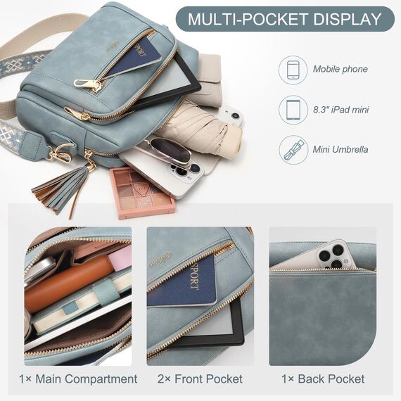 HILAEX Umhängetasche Damen mit Anti Diebstahl, Handtasche Damen Mittelgroß mit 4 Fächern, mit Verstellbar Abnehmbar Breiter Gurt Hellblau