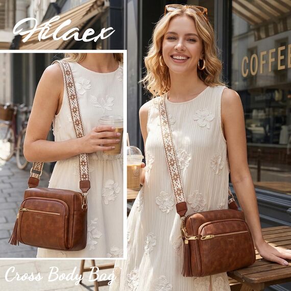 HILAEX Umhängetasche Damen mit Anti Diebstahl, Handtasche Damen Mittelgroß mit Vielen Fächern Verstellbar Abnehmbar Breiter Gurt, 26 x 10 x 20 cm Braun