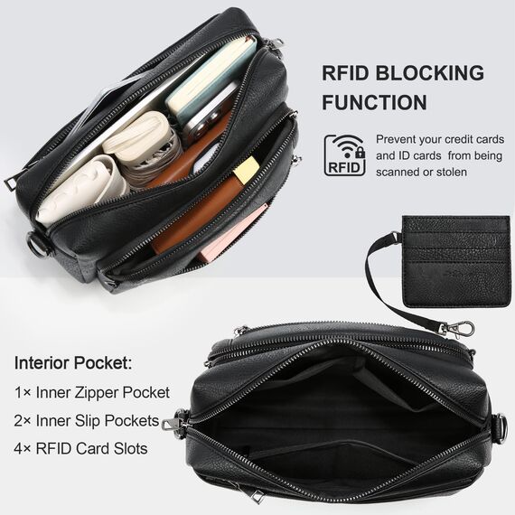 HILAEX Umhängetasche Damen mit Anti Diebstahl, Handtasche Damen Mittelgroß mit Vielen Fächern Verstellbar Abnehmbar Breiter Gurt, 26 x 10 x 20 cm Schwarz