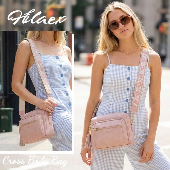 HILAEX Umhängetasche Damen mit Anti Diebstahl, Handtasche Damen Mittelgroß mit 4 Fächern, mit Verstellbar Abnehmbar Breiter Gurt Rosa