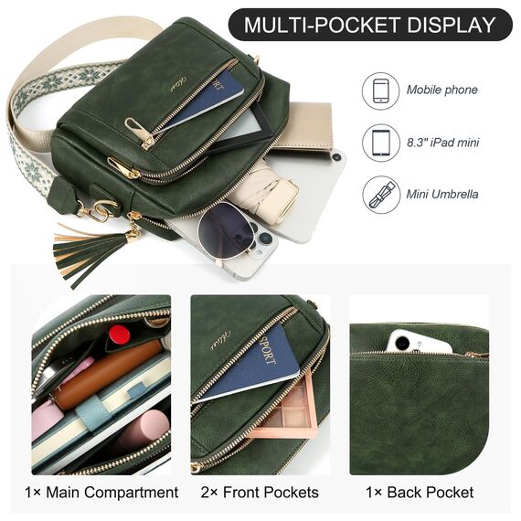 HILAEX Umhängetasche Damen mit Anti Diebstahl, Handtasche Damen Mittelgroß mit 4 Fächern, mit Verstellbar Abnehmbar Breiter Gurt