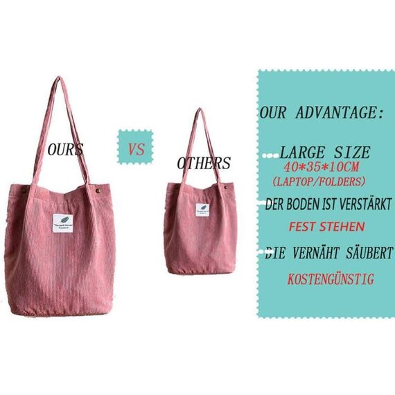Funtlend Groß Umhängetasche Cord Tasche Damen Kord Handtasche Shopper Damen für Uni Arbeit Mädchen Schule (A-Pink)