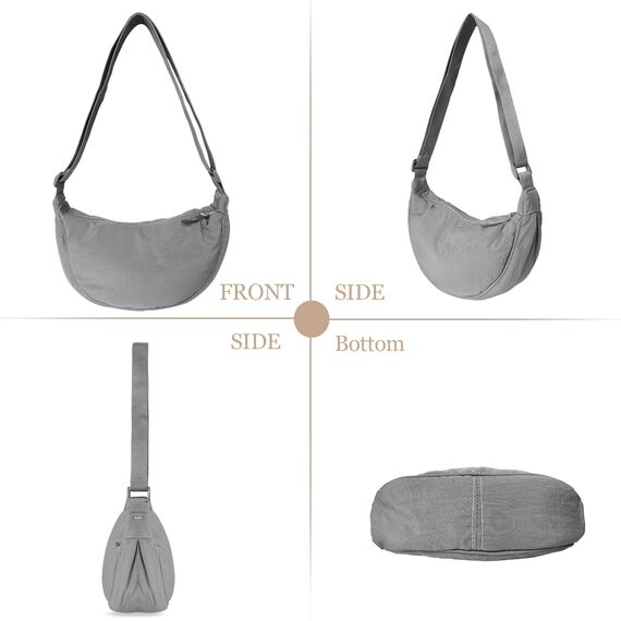 GoPaw Damen Halbmond Crossbody Schultertasche, Hobo Halfmoon Bag, Nylon Crossbody Bag Damen Halbmond Schultertasche mit verstellbarer Schultergurt, Einfarbige(Grau)