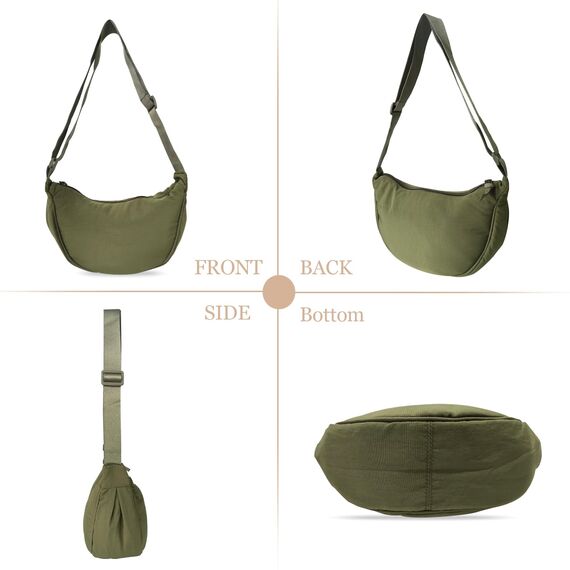 GoPaw Damen Halbmond Crossbody Schultertasche, Hobo Halfmoon Bag, Nylon Crossbody Bag Damen Halbmond Schultertasche mit verstellbarer Schultergurt, Einfarbige(Armeegrün)