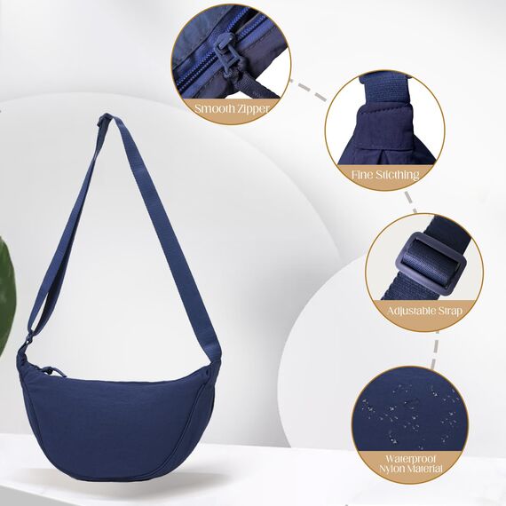 GoPaw Damen Halbmond Crossbody Schultertasche, Hobo Halfmoon Bag, Nylon Crossbody Bag Damen Halbmond Schultertasche mit verstellbarer Schultergurt, Einfarbige(Dunkelblau)