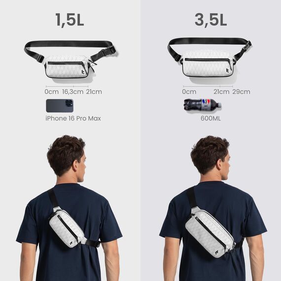 tomtoc X-Pac Bauchtasche für Herren Damen, 1,5 Liter Klein Travel Sling Bag Brusttasche Gürteltasche Schultertasche Umhängetasche mit RFID Schutz für Wandern Reise Alltag, Weiß